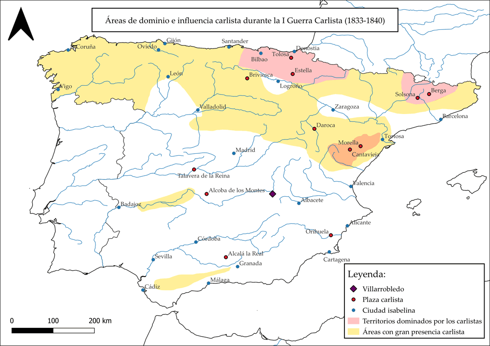 Mapa de España con las áreas de dominio e influencia carlista durante la I Guerra Carlista