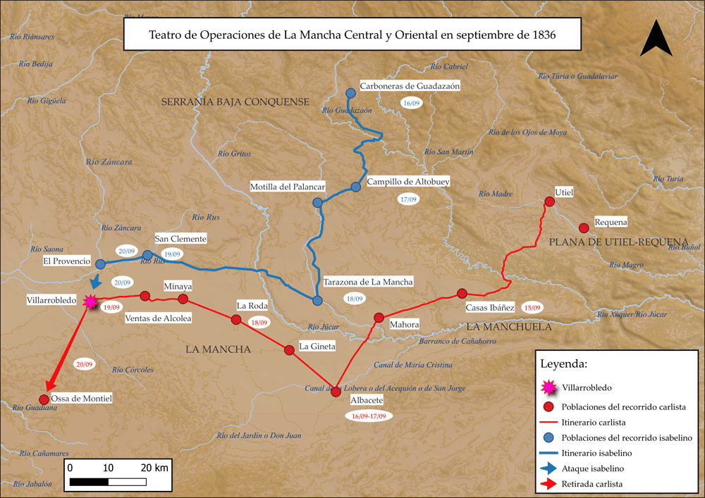 Mapa de La Mancha Central y Oriental con los movimientos de tropas carlistas e isabelinas en septiembre de 1836