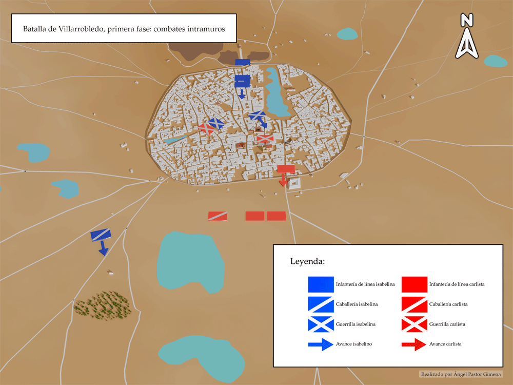 Plano de Villarrobledo con los movimientos de tropas carlistas e isabelinas durante la primera fase de la batalla