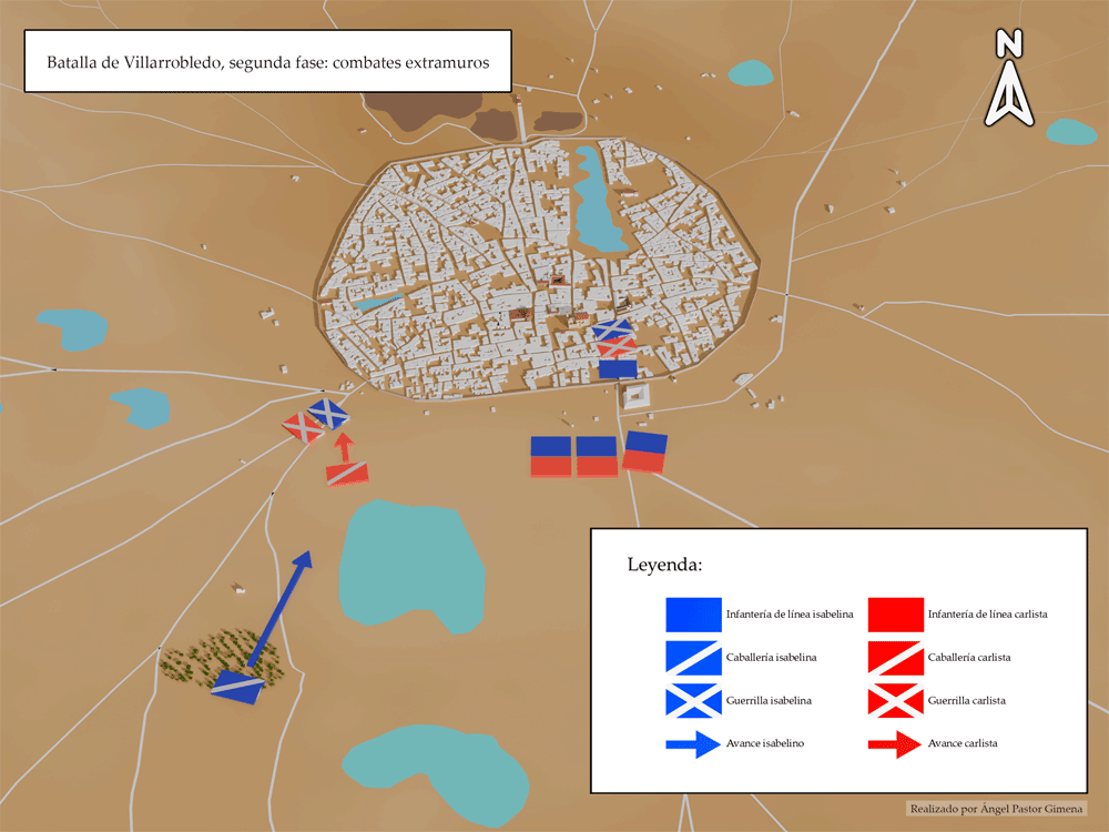 Plano de Villarrobledo con los movimientos de tropas carlistas e isabelinas durante la segunda fase de la batalla