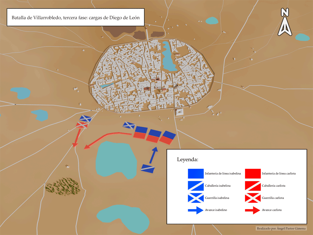 Plano de Villarrobledo con los movimientos de tropas carlistas e isabelinas durante la tercera fase de la batalla
