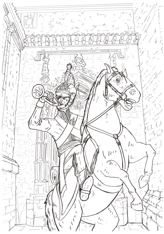 Ilustración de la corneta isabelina frente a la puerta gótica de San Blas