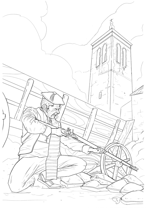 Ilustración de un guerrillero carlista preparado para emboscar a las tropas isabelinas en la iglesia de Santa María