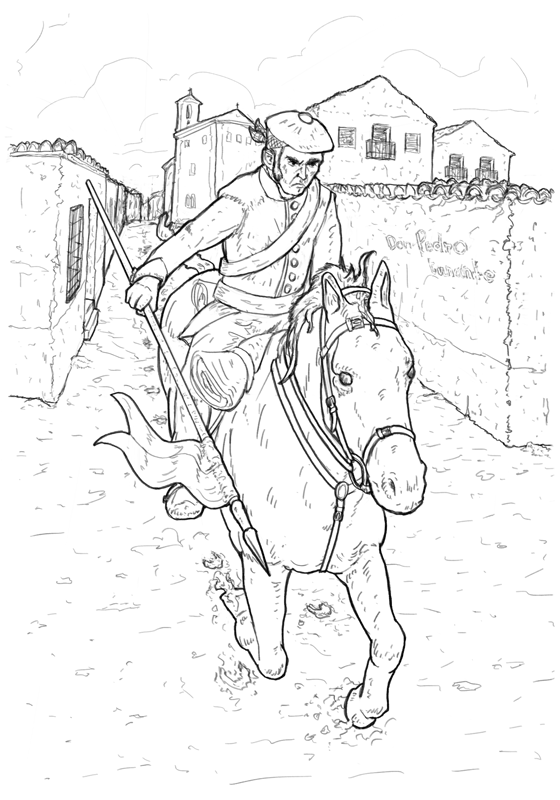 Ilustración de un lancero carlista galopando hacia los molinos de la Vega de San Cristóbal