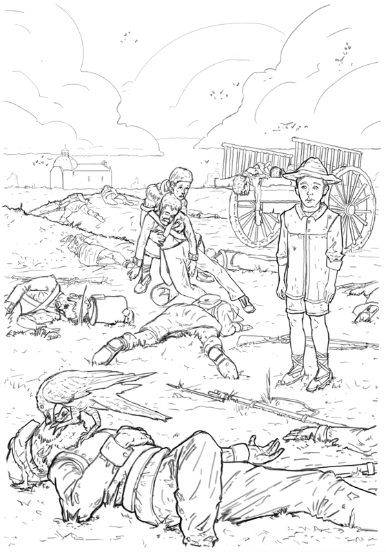 Ilustración de la Vega de San Cristóbal con los muertos tras la batalla de Villarrobledo